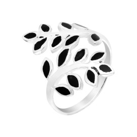 AeraVida Peaceful Olive Branch Sterling Silver & Simulated Black Onyx Inlay Wrap Ring - 7