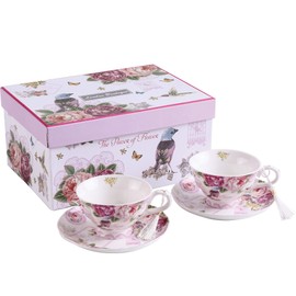 London Boutique Coffee Tea Cup and Saucer 2 Shabby Chic Vintage Flora Porcelain Set Gift Box (Pink (Bird Rose Butterfly), 11x8cm, 2 Count