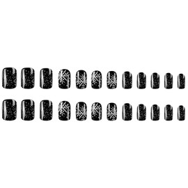 Christmas Press on Nails Short Square Fake Nails Snowflake Glue on Nails Black False Nails with Design Glossy Artificial Acrylic Nail Full Cover Glitter Stick on Nails for Women Girls Manicure 24Pcs