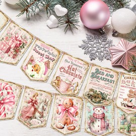 Vintage Style Christmas Banner - Pink Merry Christmas Decorations with Traditional Retro Santa Claus Motif for Indoor, Fireplace, Home Office, Party & Holiday