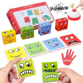 Wooden Cube Puzzle Toy Magic Face Building Block Thinking Game Sensory Colourful Wooden Cube Puzzle Game Puzzle Building Cube Wooden Cube Puzzle Children from 3 Years with Bell (81 Pieces)