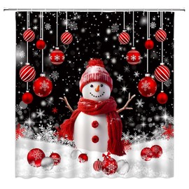 Christmas Shower Curtain Red Snowman Xmas Ball Snowflake Winter Holiday Cute Black White Bathroom Home Curtain with Hooks,70" Wx70 H