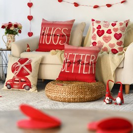 AVOIN colorlife Valentine's Day Kisses Hugs Better Together Red Throw Pillow Covers, 16 x 16 Inch Hearts Truck Wedding Cushion Case Decoration for Sofa Couch Set of 4