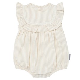 Modern Moments by Gerber Baby Girls' Ruffle Bubble Romper, Light Taupe Stripe, 18 Months
