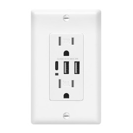 ECOELER USB Wall Outlets, 6.0A Charging Power Outlet with Type A & Type C Ports, 15 Amp Tamper Resistant Receptacle with 3 USB Ports, Wall Plate Included, UL & FCC Listed, White