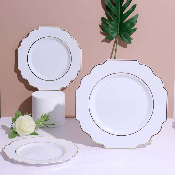Gold Plastic Plates -Baroque White & Gold Disposable Plates for