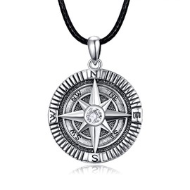 KINGWHYTE Compass Necklace 925 Sterling Silver Mens Jewelry Pendant Necklace Black Necklace for Men with Leather Cord Length (50cm)