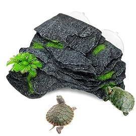 kathson Turtle Basking Platform with Suction Cups Tortoise Climbing Step Ledge Aquarium Ornament Rock Turtle Floating Dock Resting Basking Terrace for Amphibians Reptile   (Gray)