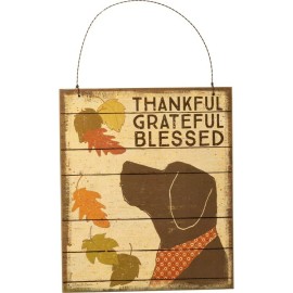 PBK NEW!~Hanging Wood Plaque Sign~"Thankful - Grateful - Blessed" Dog~Ornament/D