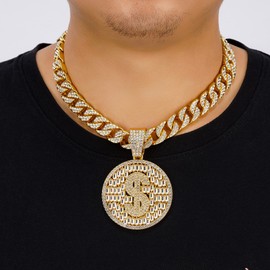 DRUPACE Miami Mens Women Boys Cuban Link Chain Silver Gold Plated Bling Necklace Diamond Chain 13MM iced out chain Hip Hop Jewelry,8.5/18/24In Length-With metal gift box.Gold Chain+coin pendant,18.0in