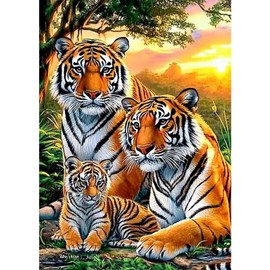 GHHKUD Diamond Painting Kits Tigers for Adults, DIY 5D Animal Family Diamond Painting, Full Drill Forest Diamond Art Kits Art Pictures for Relaxation Gifts Home Wall Decor 30x40cm