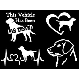 Labrador Retriever Decal 4 Pack: This Vehicle Has Been Lab Tested, Labrador Heart, Lab Heartbeat, Labrador Retriever Head (Small ~3.5", White)