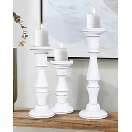 Woodify Wooden Candle Holder Set of 3 - Handcrafted Pillar Candle Stand (15", 12", 9") - Rustic Mango Wood Decorative Candle Holders for Home, Living Room, and Dining Table - White Antique