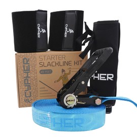 Cypher Slackline Starter Kit, 2 Inch Wide Webbing, 82 ft / 25 m Length with Ergonomic Retchet, Tree Protection and Padded Ratchet Covers (449688, 25 Meters)