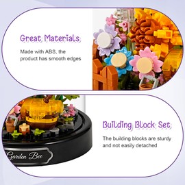 Mini Animals Flower Building Set - 588 Pcs Butterflies Bees Flowers Animals Building Blocks with Transparent Cover, Garden Den Block Kit for Adults Kids Christmas Home Decoration Gifts,Bees