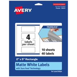Avery TrueBlock Matte White Rectangle Labels, Sure Feed Technology, 2" x 5", 40 Matte White Labels, Print-to-The-Edge, Laser/Inkjet Printable, Great for Packaging and Product Merchandising