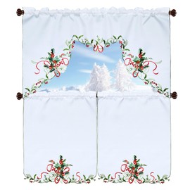 Grelucgo Embroidered Christmas Holiday Kitchen Window Rod Pocket Swag and Tiers Curtain Set (Holly Leaves)