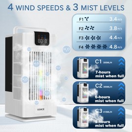 Cooling Fan,4-IN-1 Air Cooler w/ 3-Level Humidify & 4 Speeds, 7-Color Night Lights, 8H Timer for Smart Auto-off, 2.0L Tank Desk Misting Fan for Bedroom Room Office Living Room