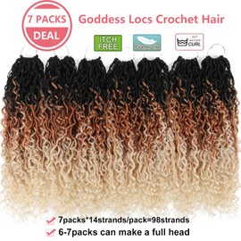 Ahrencan Ombre Blonde Goddess Locs Crochet Hair, 18 Inch 7 Packs Three Tone Faux Locs Crochet Hair With Curly Ends,Soft Pre Looped Hippie Locs Crochet Hair For Women(18in,7 Pack,T1B/27/613#)