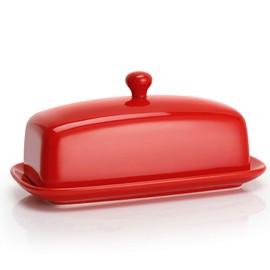 Sweese Butter Dish with Lid, Porcelain Butter Keeper, 7.8 Inch Butter Holder with Handle Cover, Butter Container Perfect for East West Coast Butter, Red