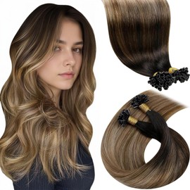 LaaVoo K Tip Hair Extensions Real Human Hair Ombre Ktip Human Hair Extensions Dark Brown to Chestnut Brown with Ash Brown 20" U Tip Hair Extensions Human Hair Brown Silky Straight 50g/s