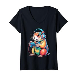 Womens Hamster Headphones Cartoon Gamer Animal Humor Gaming V-Neck T-Shirt