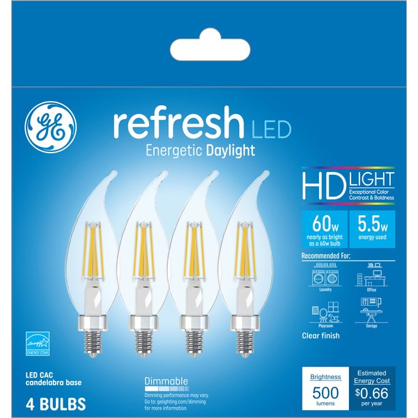 GE Refresh LED Light Bulbs, 60 Watt Eqv, Daylight, Decorative Clear Bulbs, Small Base (4 Pack)