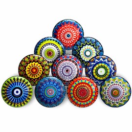 FLORIXA 10Pcs Ceramic Cabinet Knobs - Vintage Look Hand Painted Multicolor Handmade Mandala Designs for Door Handles Wardrobe Kitchen Cabinets Drawer Dresser Cupboard Pulls