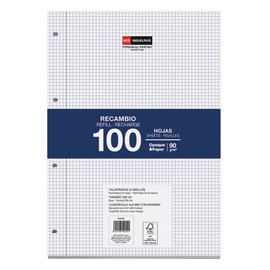 Miquelrius - Refill Pack 100 Sheets, 4mm Grid & Margin, A4 Size, 4 Hole Punched, 90gsm Paper
