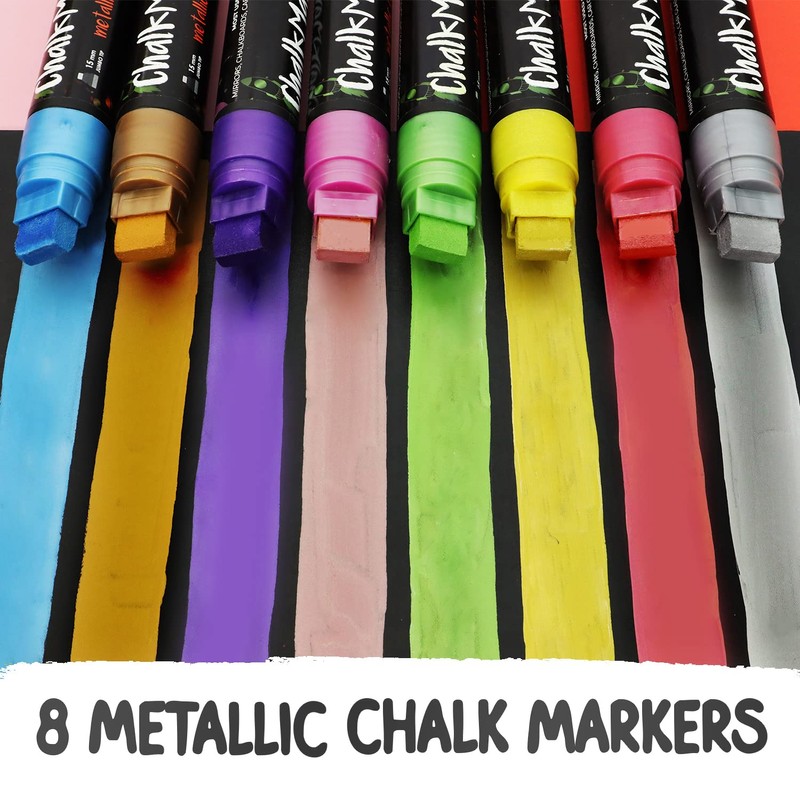 Metallic Chalk Markers (8 Pack) Liquid Chalk Pens for Blackboards,