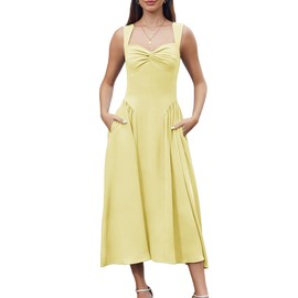 YHHOWEP Women Summer Formal Dress Sweetheart Neckline Spaghetti Straps Sleeveless Ruched A Line Flowy Wedding Guest Midi Corset Tank Dress with Pockets Yellow 2XL