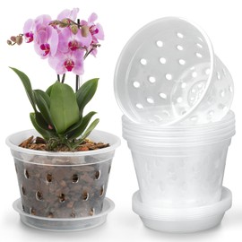 YOPIKUU Orchid Pot,3 4 5 6 Inch 8 Pack Orchid Pots with Holes and Saucers,Clear Plastic Flower Plant Pot for Indoor Outdoor Plants,Slotted Orchids Planter(4Inch)