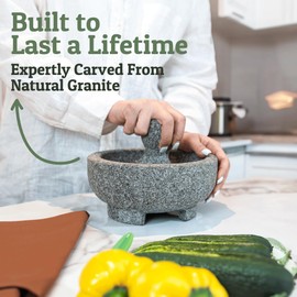 PriorityChef Granite Mortar and Pestle Set - 8 Inch Natural Stone Molcajete Mexicano for Spices, Seasonings, Pastes - Pestle and Mortar Bowl for Fresh Guacamole, Salsa, Pesto, Large, Grey