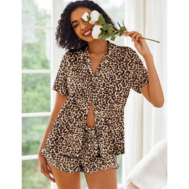 Ekouaer Pajamas Set for Women Short Sleeve Sleepwear Button Down Pjs Lounge Sets Soft Nightwear Leopard Medium