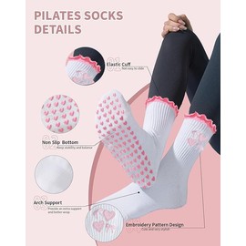 2 Pairs Cute Pilates Grip Socks,Ruffle Cuff Embroidery Pattern Yoga Socks for Women,Non Slip Long Cotton Grippy Socks for Ballet,Dance,Workout Gym