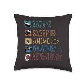 Kawaii Anime Merch Manga For Men Women Kids Eat Sleep Gaming Repeat Kanji Kawaii Otaku Anime Retro Throw Pillow, 16x16, Multicolor