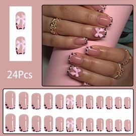 24 Pcs Square Press on Nails Short Medium Fake Nails with 3D Bow Pink Full Cover False Nails Fall Acrylic Nails Press ons French Nail Tips Glossy Glue on Nails Artificial Stick on Nail for Women