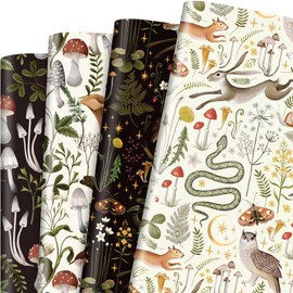 Bolsome 12 Sheets Mushroom Wrapping Paper Black White Insect Berry Squirrel Owl Mushrrom Gift Wrap Paper Retro Forest Art Craft Paper for Birthday Baby Shower Wrapping Supplies, 19.7 × 27.5 Inch