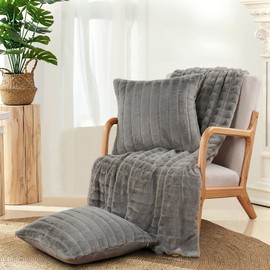 BYTIDE Striped Throw Blanket and Pillow Covers Set (No Inserts) for Couch and Bed, Plush Warm Lightweight Fuzzy Faux Fur Blanket for All Seasons (60" x 80", Gray)