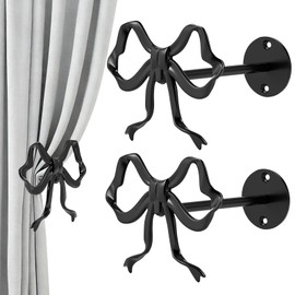 Tocemei 2 Pack Black Bow Curtain Holdbacks, Modern Matte Metal Curtain Holders for Wall,Rotatable Adjustable Angle,Elegant Bow Decor for Living Room Bedroom Home