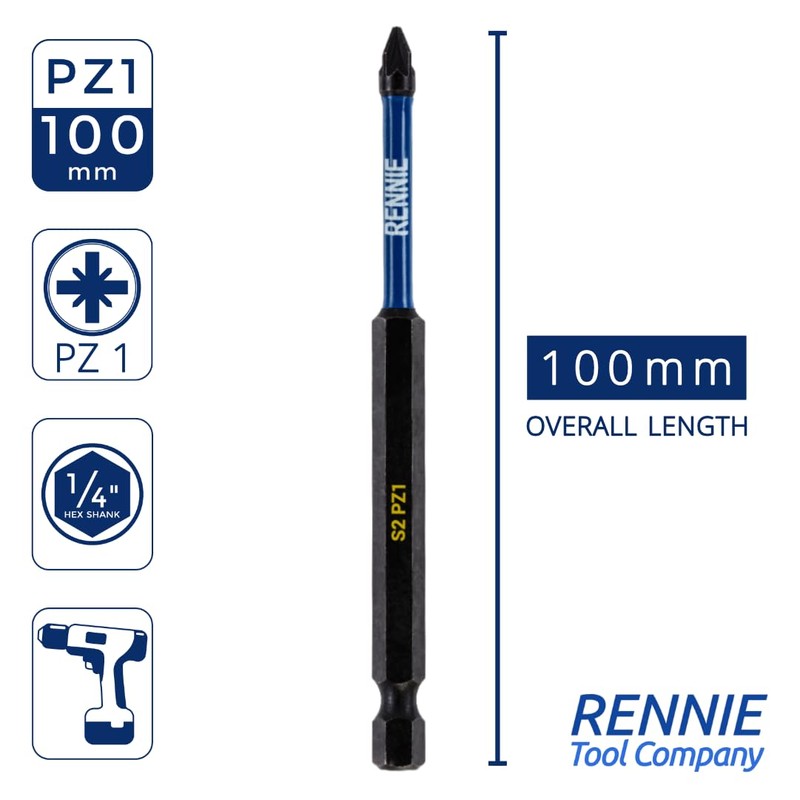 10 x Rennie Tools 100mm Long PZ1 Impact Screwdriver Driver
