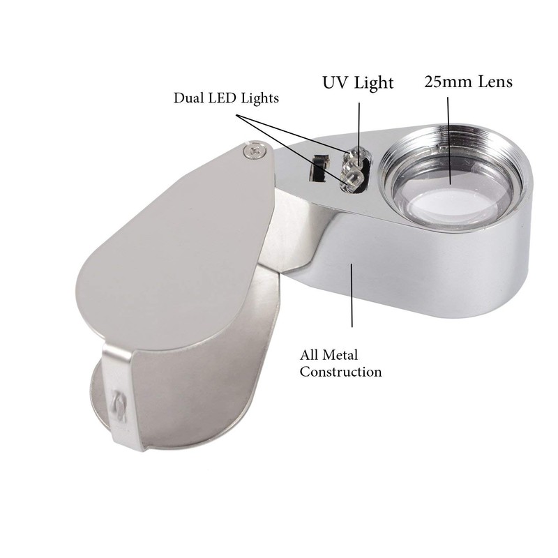 2 Pack 40X Full Metal Illuminated Jewelry Loop Magnifier, XYK