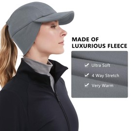 GADIEMKENSD Winter Fleece Hats Reflective Ponytail Hat for Women Ball Caps with Earflap Drop Down Ear Warmer Mens Skull Cap Beanie with Visor Cold for Outdoor Hiking Running Sport Cap Light Gray