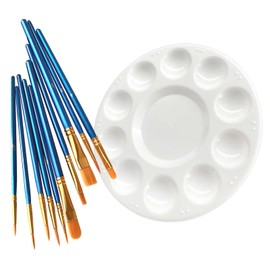 Paint Brushes Palette Set, 10pcs Nylon Hair Brushes and 1pcs Plastic Paint Palette, Combination Suitable for Oil, Acrylic and Watercolor