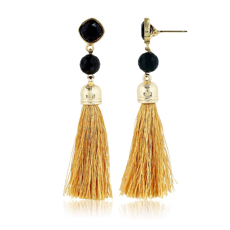 Moonstruck Women Gold Tassel Dangle Earrings With Black Stone for
