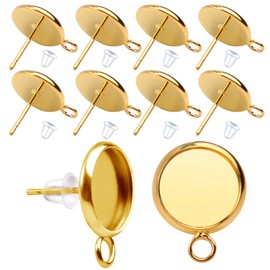 Aylifu 20 Pieces Cabochon Blank Earring Studs 10mm Earring Post and 20 Pieces Silicone Clear Earring Back for Earring Making (Gold)