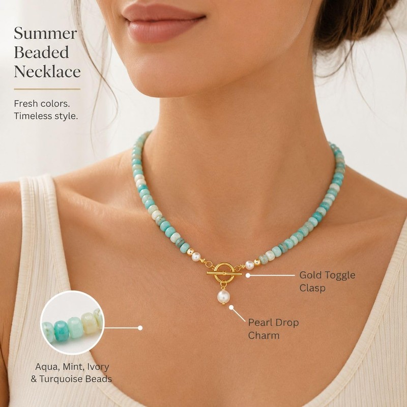 Beaded Necklace for Women Turquoise Pearl Necklace Pearl Pendant Gold