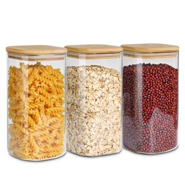 ComSaf Airtight Glass Storage Canister with Wood Lid (1.6 Qt), Clear Food Storage Container Jar with Sealing Lids for Oat Pasta Flour Cereal Rice Sugar Tea Coffee Beans, Set of 3 Square Cookie Jar
