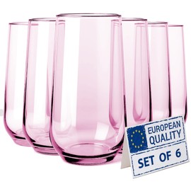Biandeco Pink Drinking Glasses Set of 6 | Translucent Rose Glassware | 16 oz Blush Pink Glass Cups | Highball Drinkware for Cocktails, Long Drink, Mojito, Juice, Soda | Modern Pastel Drinkware