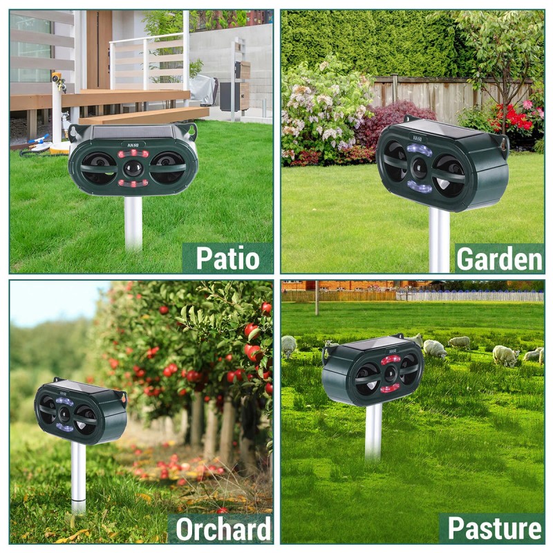 Repelente de animales ultrasónico solar para gatos, ardillas, ciervos, mapaches